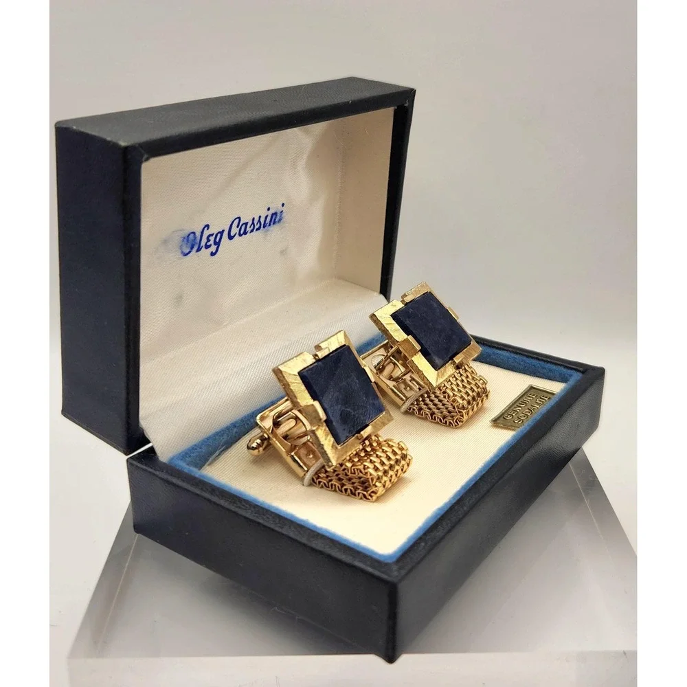 Vintage Oleg Cassini Sodalite Cufflinks Gold Tone Mesh Designer Original Box
